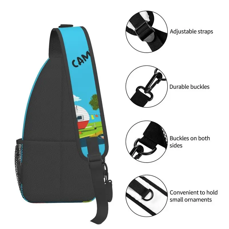 Mochila cruzada Happy Camper para hombre, bolsos de pecho de hombro para acampar, viaje y ciclismo