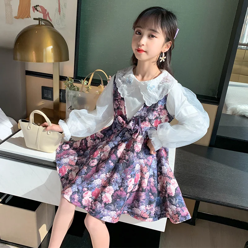 

Girls and children spring floral dress set white mesh top floral vest skirt two-piece set baby girl dress skirt 3-12 years old