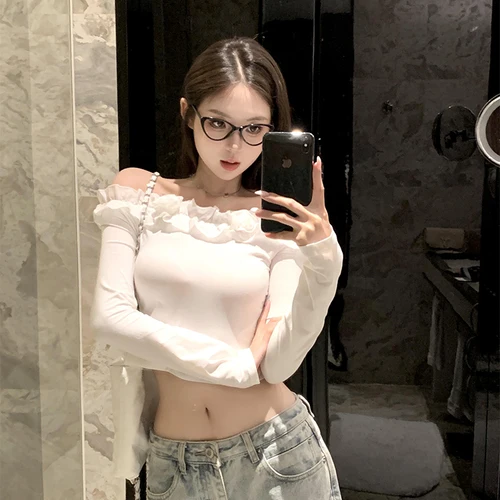 긴팔 티셔츠 여성용 슬림핏 단색 봄철 긴팔 숄더 여성용 스타일리시한 긴팔 숄더 여성용 슬림핏 단색 봄철 티셔츠 셔츠 티셔츠