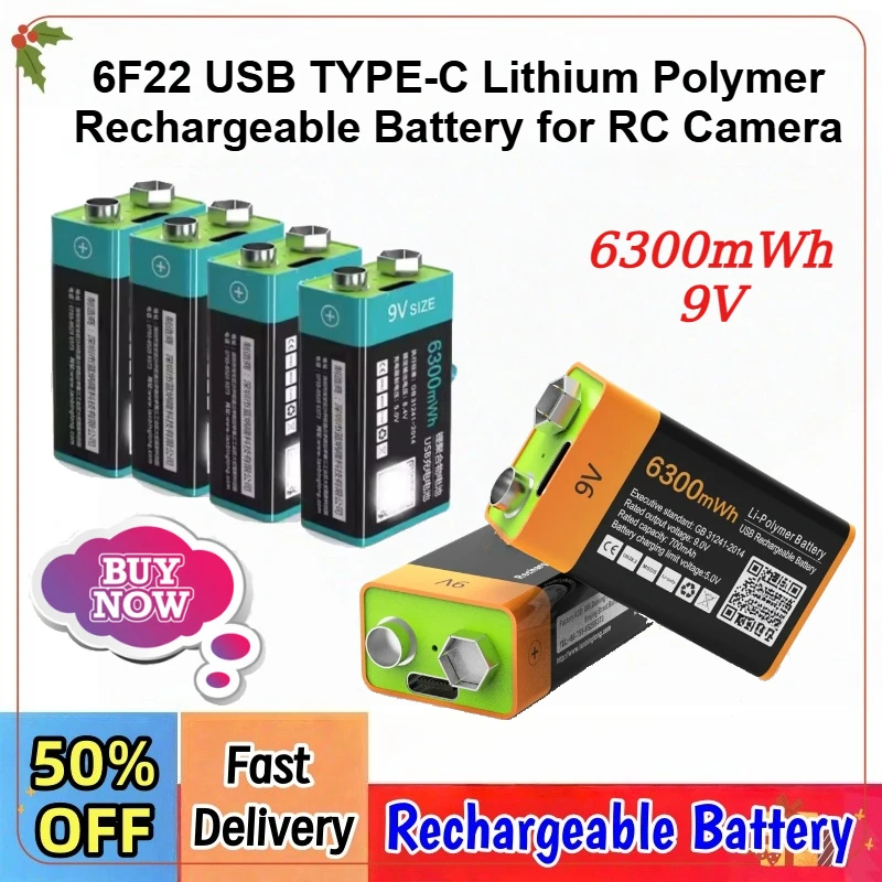 Newly Released 6300mWh 9V Rechargeable Lithium Battery 6F22 USB TYPE-C Lithium Polymer Rechargeable Battery for RC Camera