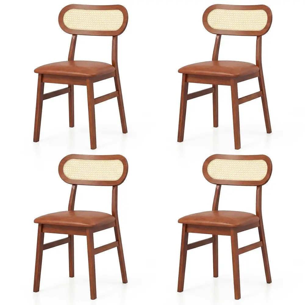 

Wooden Dining Chairs Set of 4, MidCentury Modern Kitchen Chairs with Upholstered Seat amp Rattan Backrest, Faux Leather Cover, A