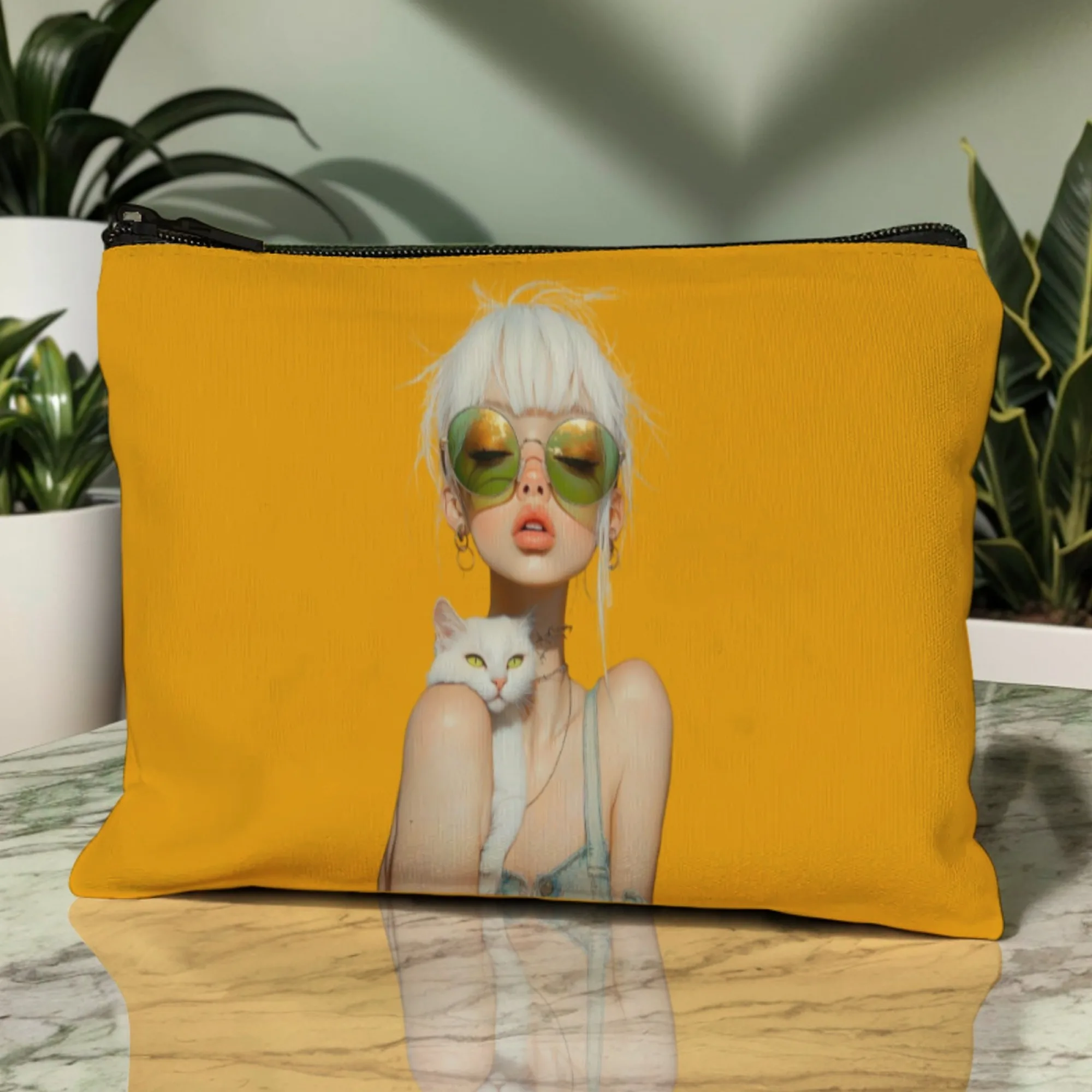 حقيبة مكياج أنيقة بسحاب على شكل قطة بيضاء، حقيبة مستحضرات تجميل محمولة مع مرآة وحقيبة أدوات الزينة للسفر المتينة #6