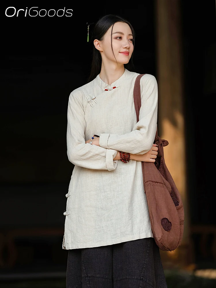 OriGoods Camisa larga mujer 2025 Primavera Verano nueva camisa de manga larga blusa de lino Zen Vintage ropa tradicional china C081