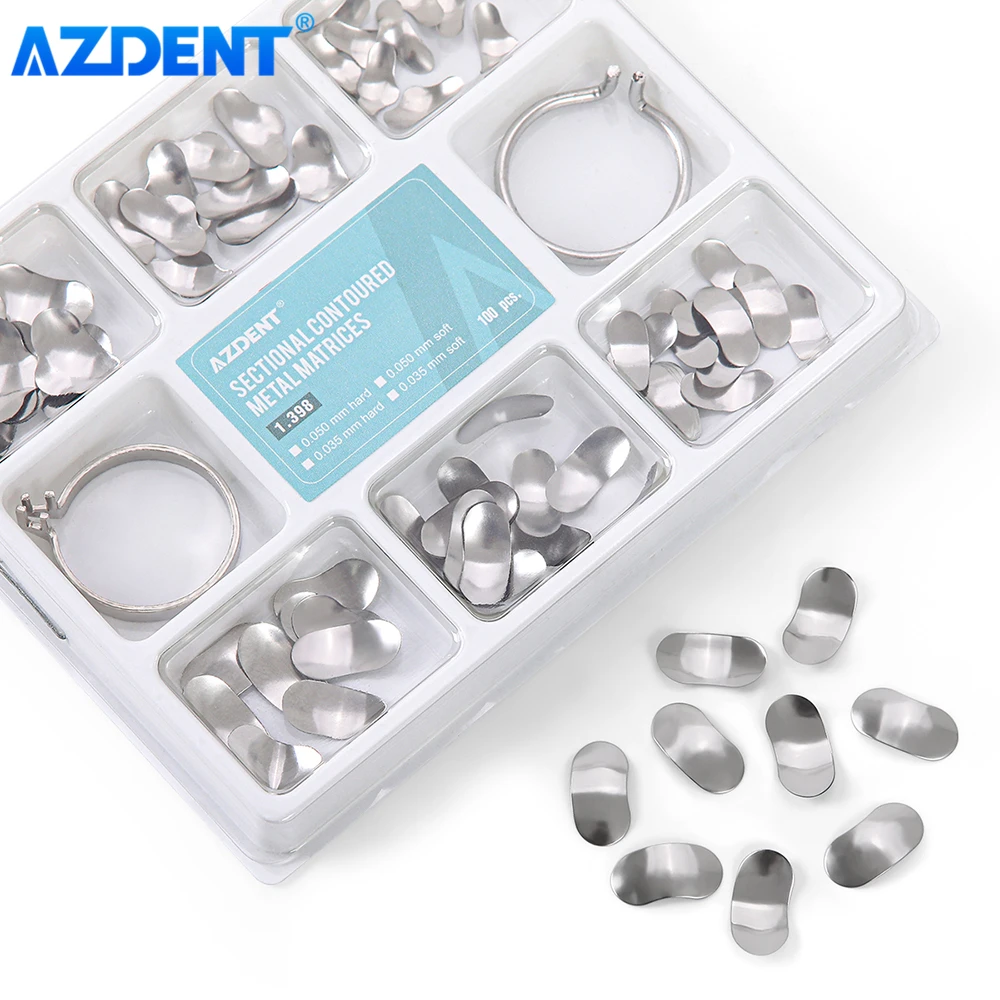 AZDENT 100szt Dental Sectional Contoured Filling Molding Sheet 1.3398 Matrix Band Forming Clip 40szt Silikonowe szczypce do kliny