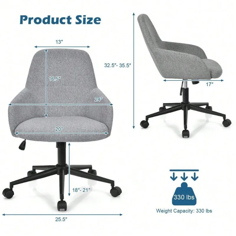 Adjustable Rolling Swivel Task Chair Linen Accent Office Chair w/Armrest Wide Backrest Height Adjustable Chair for Office