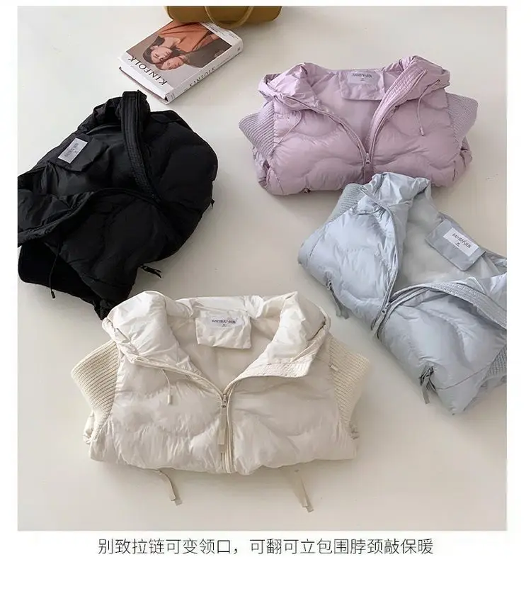Solid Knitted Long Sleeve Cotton Jacket Autumn Winter Hooded Lightweight Warm Puffer Jackets Female Zipper Short Padded Parkas