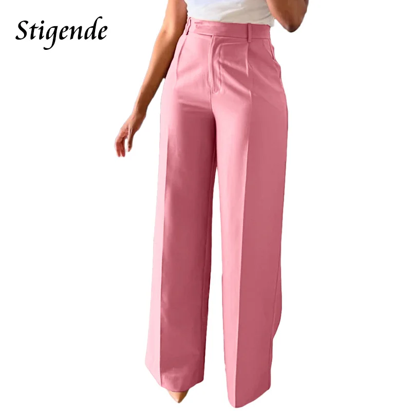 Stigende Wide Leg Straight Dress Pants with Pocket Women Plain Color Business Casual Pants Loose Fit Midi Waist Office Trousers - Image 6