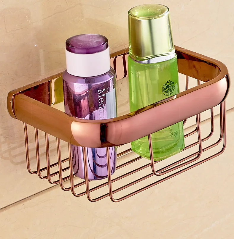 20 cm Rose Gold Brass Bathroom Shower Basket Soap Sponge Shower Storage Basket Shelf Shampoo Holder Dba536