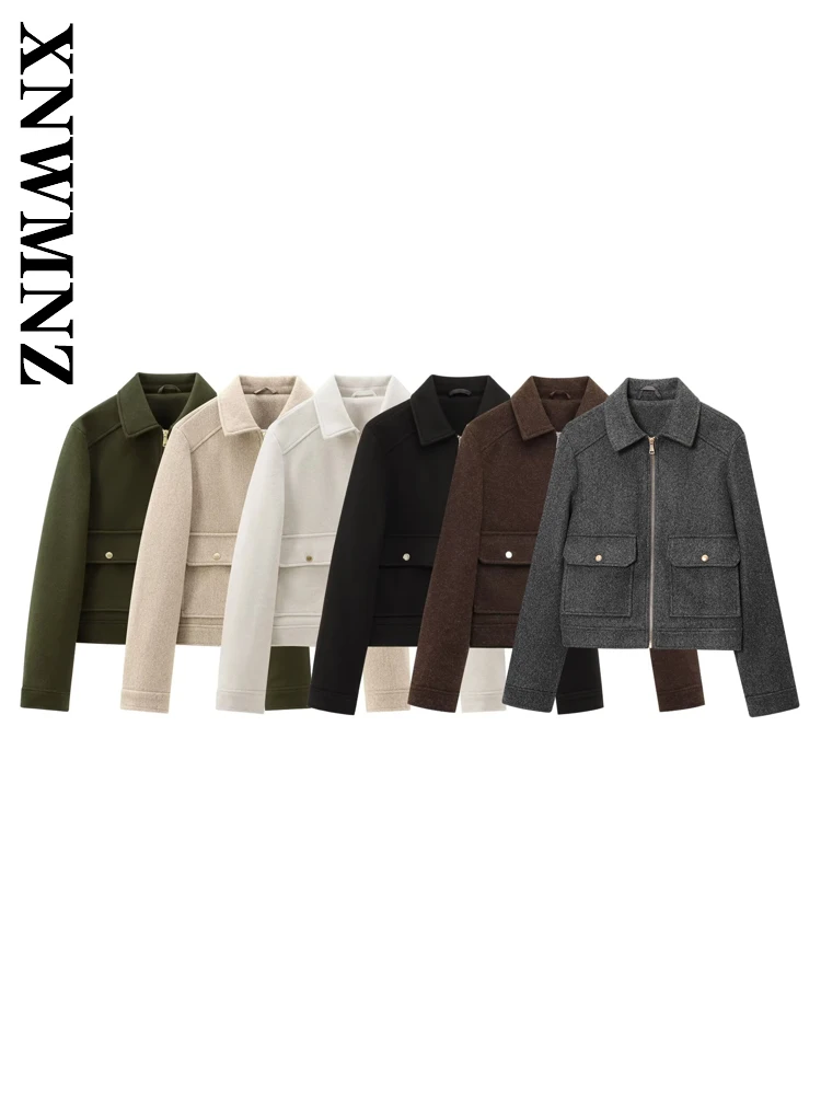 

XNWMNZ 2025 Autumn Woman's Simple Fashion Turn-down Collar Long Sleeve Long Sleeve Top Casual Women Clothing Coat Chic zipper