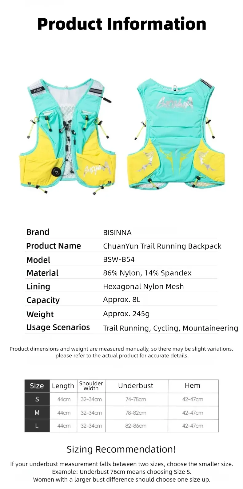 BISINNA Trail-Running-Weste Ultraleicht 8L Mehrere Taschen Hydrationsrucksack Atmungsaktiv Marathon Radfahren Outdoor Wandern – Detail 11
