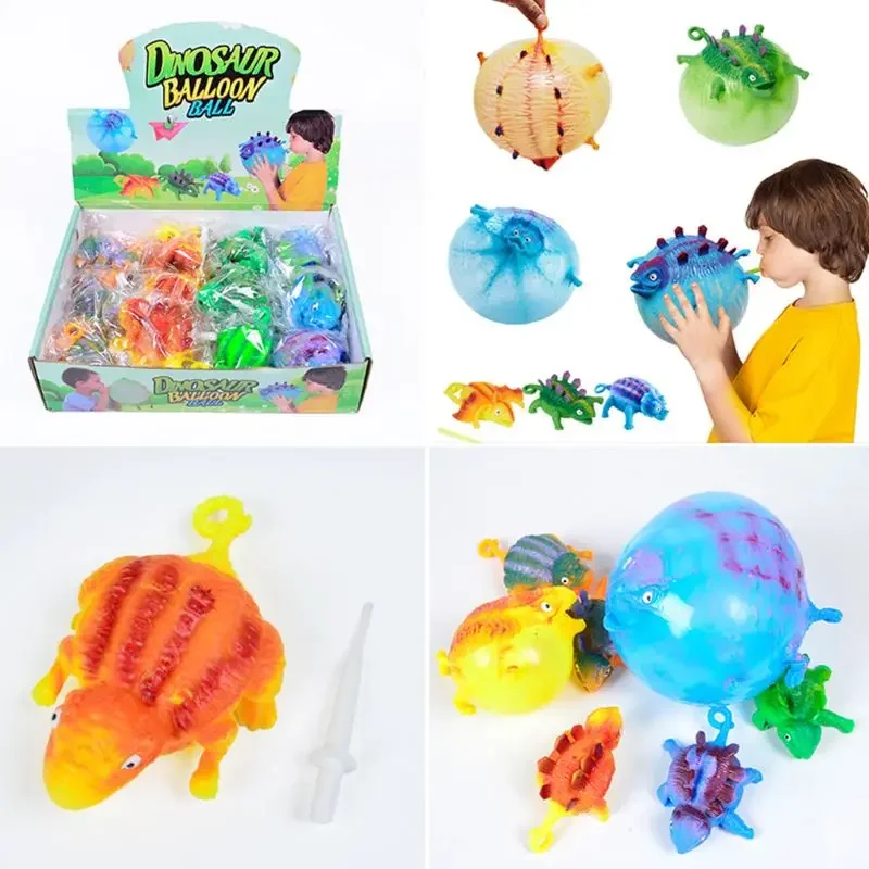 4Pcs/Set Kids Funny Blowing Inflatable Animals Dinosaur Balloons Novelty Toys Anxiety Stress Relief Squeeze Ball Gift