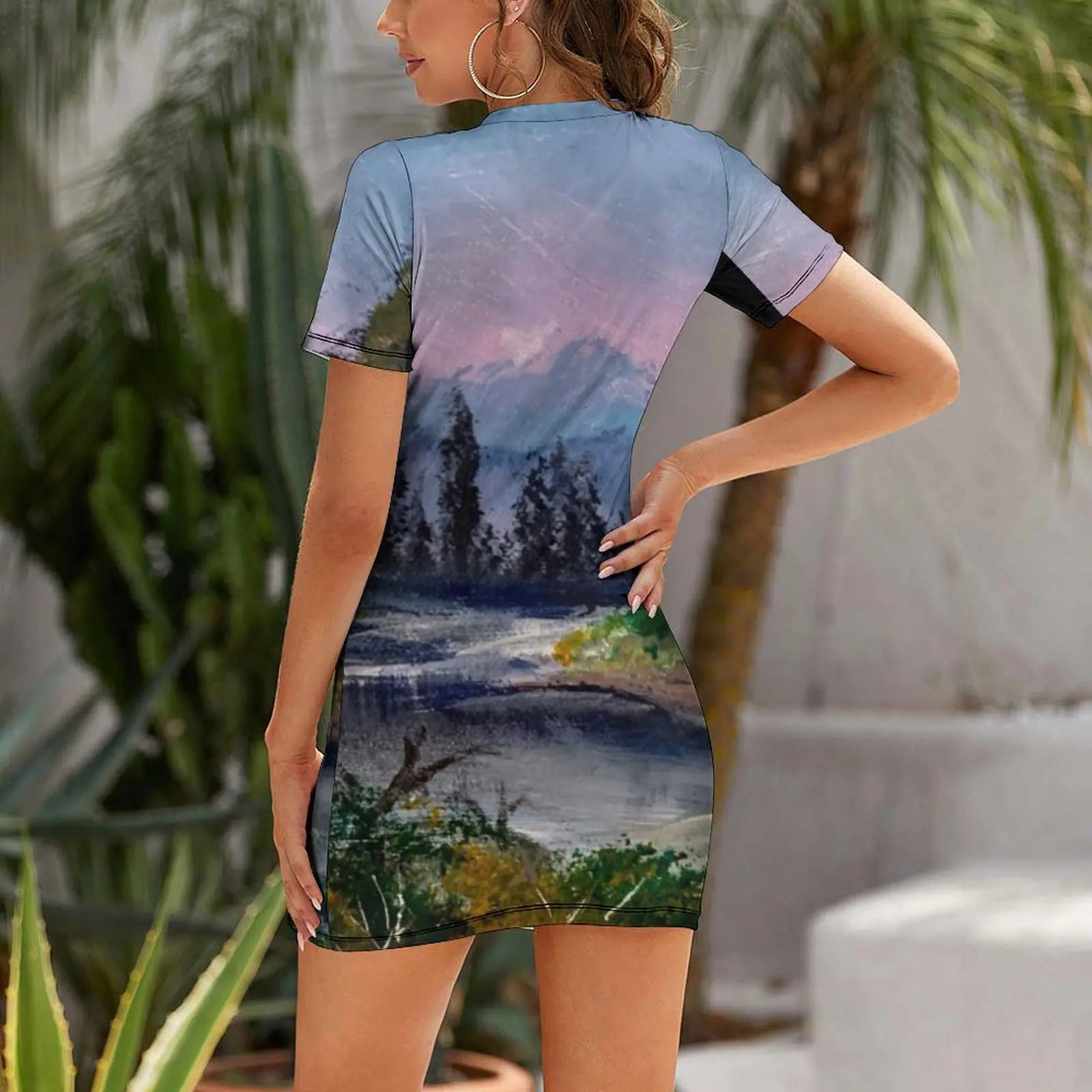 Oil paint nature scene Short Sleeved Dress women clothing 2024 new arrivals party dresses woman