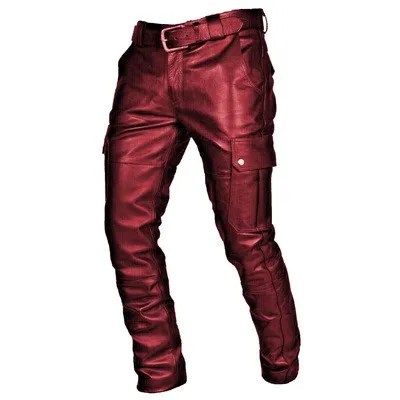 

Casual PU Leather Pants for Men Motorcycle Belt Tie Sli Trendy Straight Leg Long Pants Youth All Season Color