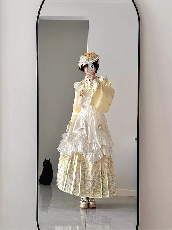 

Yellow Hanbok Women's with Padded Shoulder Chrysanthemum Sleeve Cross Collar Large Miss Sweet And Cute Lady Dress
