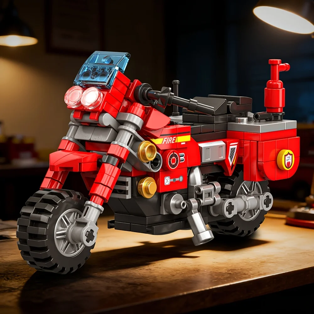 

256pcs Red Fire Truck Motorcycle Building Block Set - Assembly Brick Toy Model for Kids And Collectors