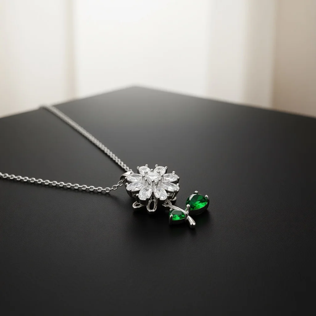 Daisy Flower Green Leaf Zircon Pendant Necklace Pear‑Cut White Petals Green Stone Leaves Silver‑Tone Chain Women Fresh Jewelry