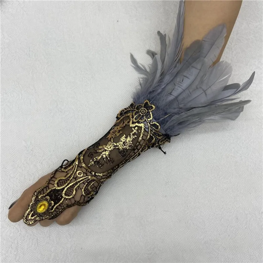 Witch Halloween Feather Gloves Retro Embroidery Halloween Feather Cuffs Halloween Gothic Halloween Wristband Party Supplies