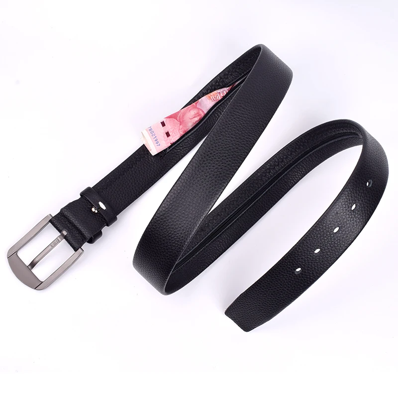 Black Genuine Leather Belt Travel Cash Anti Theft Belt Outdoor Hidden Money Belt Pin Buckle Stealth Zipper Secret Pocket Belt