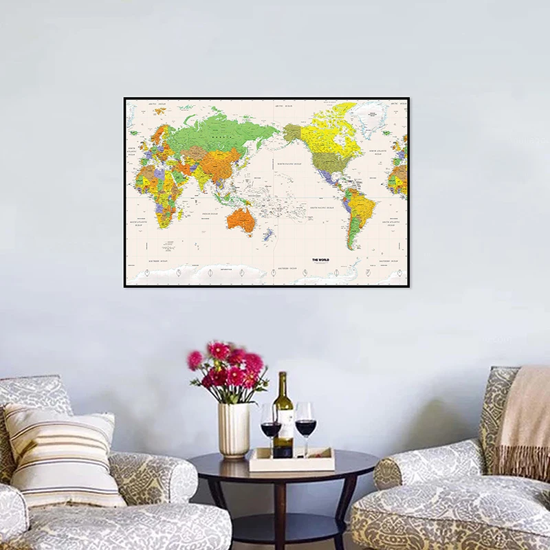 A2 Size  Printed The World Physical Map Fine Canvas Unframed Painting For Home Office Wall Decor