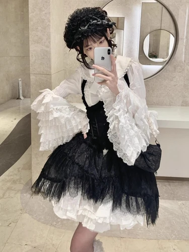 Imagen 2 del producto 2025 Blusa japonesa lolita blanca: linda camisa de manga abombada con puños de encaje para vestido JSK, blusa interior de estilo vintage dulce