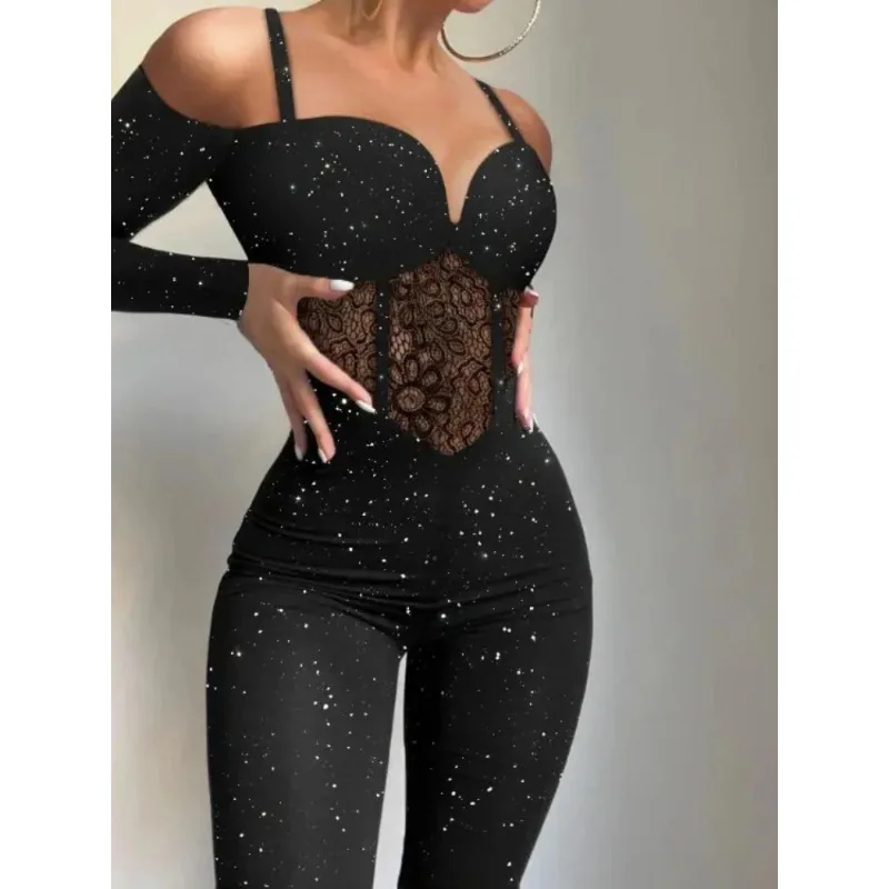 

Lace Hollow Fashion Jumpsuit Glitter Highlight Knitted Fabric Suspender Jumpsuit