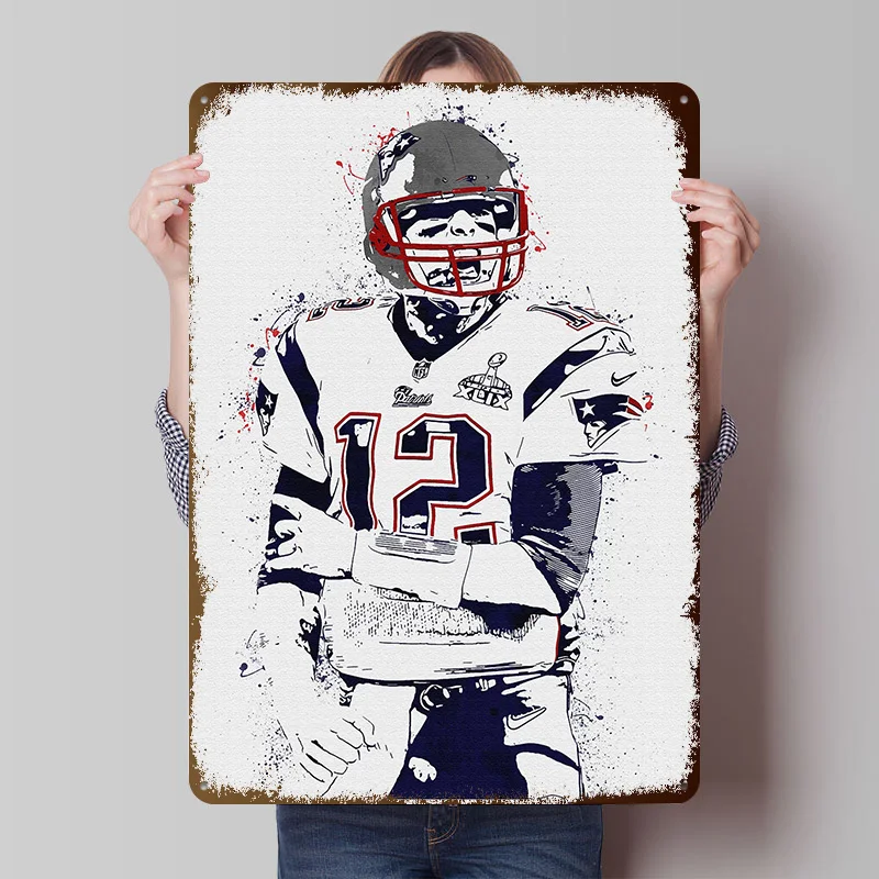 Pôster Metálico Personalizado Tom Brady, Arte de Parede Retrô Vintage, Placas de Metal para Decoração de Sala de Estar, Decoração Moderna para Casa Aconchegante