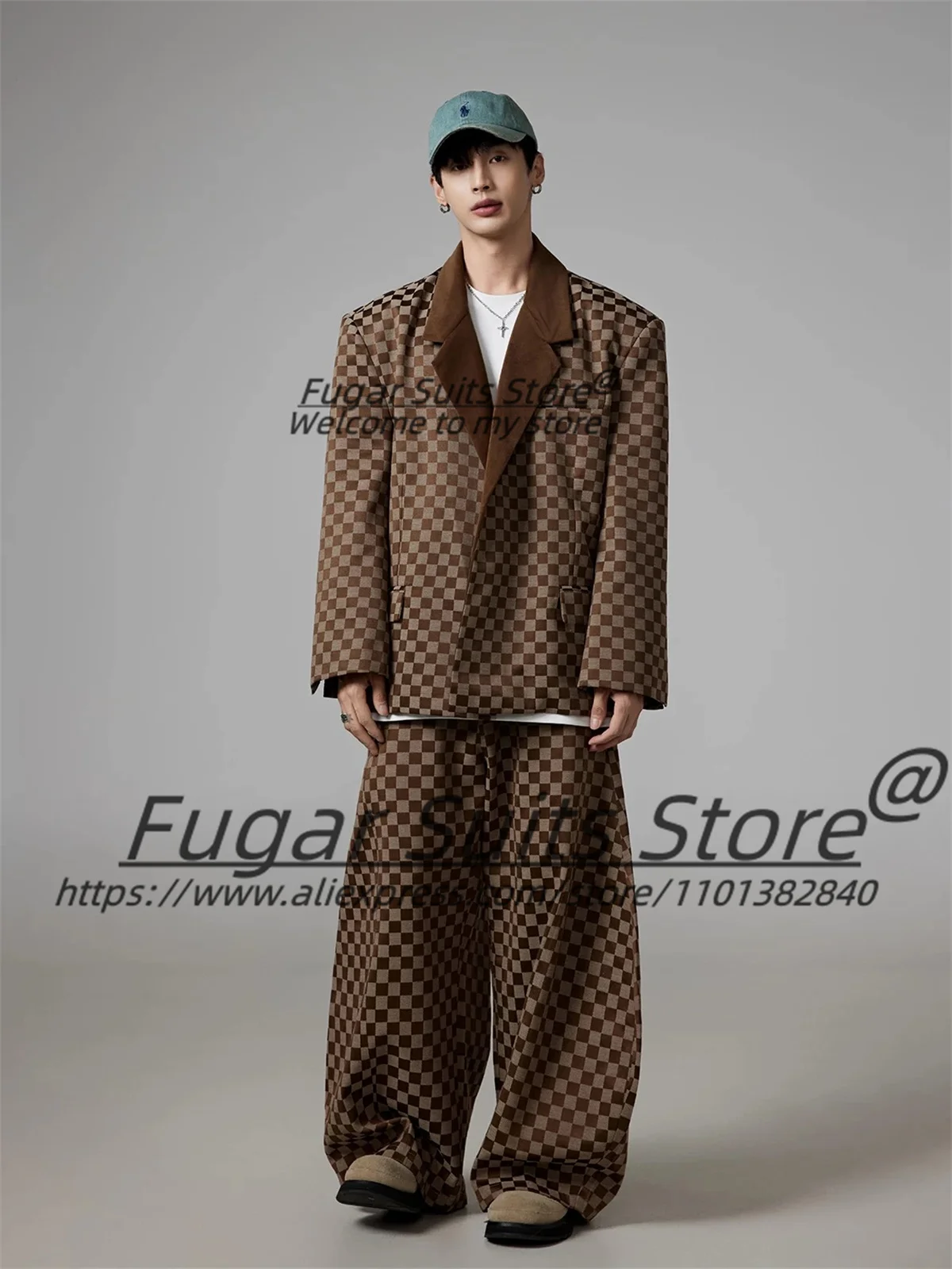 

Luxuly Brown Plaid Men Suits Customized Loose Notched Lapel Groom Wedding Tuxedos 2 Pieces Sets Male Prom Blazers Costume Homme