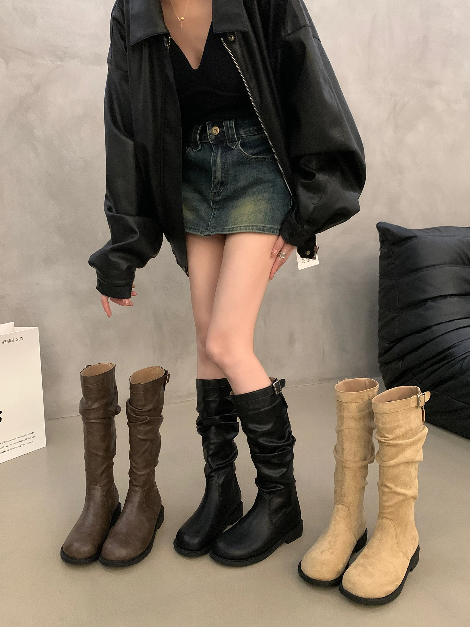 

Kaki Long Tube Boots Women's Thick Bottom Knight Style Fashion Boots Korean Version round Toe Low Heel Rubber Outsole