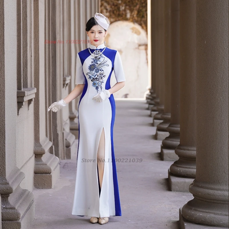 

2025 chinese improved qipao vintage dress national flower embroidery patchwork dress oriental banquet evening dress cheongsam