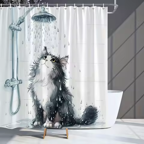 Funny Black Cat Shower Curtain - Adorable Cat Design, Polyester Fabric, Includes Hooks, Playful Bathroom Decor