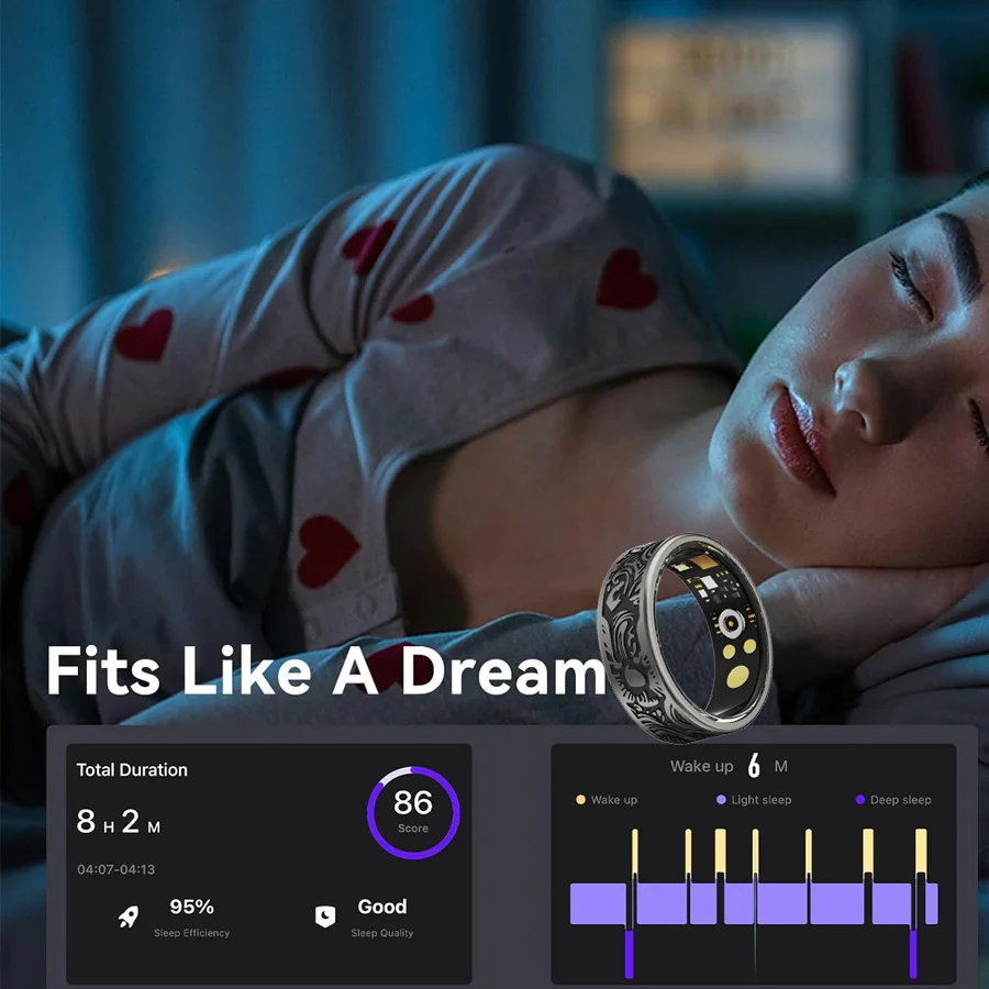 남녀공용 스마트 링, 심박수 및 혈중 산소 모니터링 기능, 다양한 스포츠 모드, 안드로이드 및 iOS 호환
