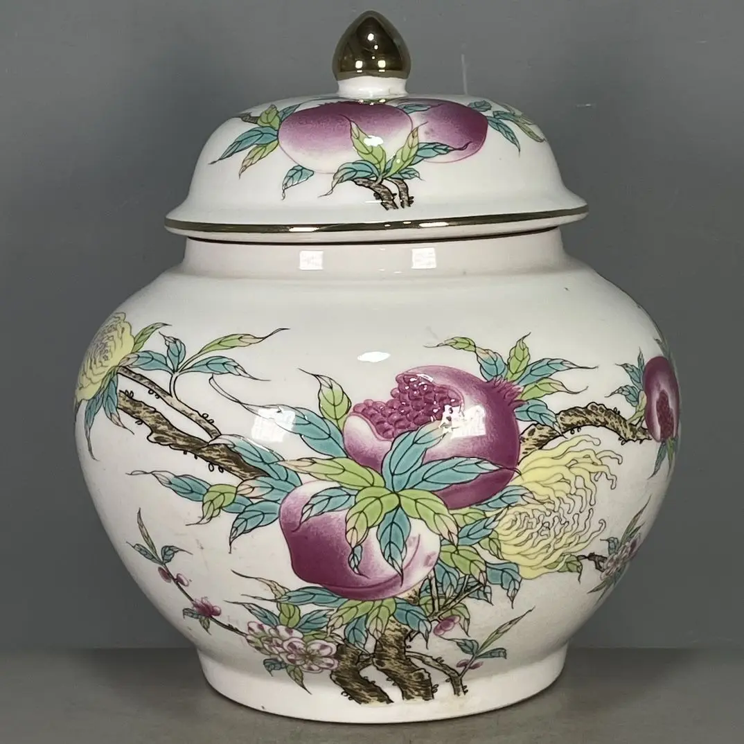 Vintage Chinese Famille Rose Lidded Jar Ming Qing Style Pomegranate Peach Blessing Pattern Porcelain Collectible Home Decor
