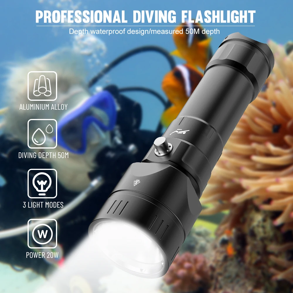 Ultra Bright XHP50 LED Diving Flashlight - Waterproof IPX8 Dive Torch for 18650/26650 Battery Use Underwater