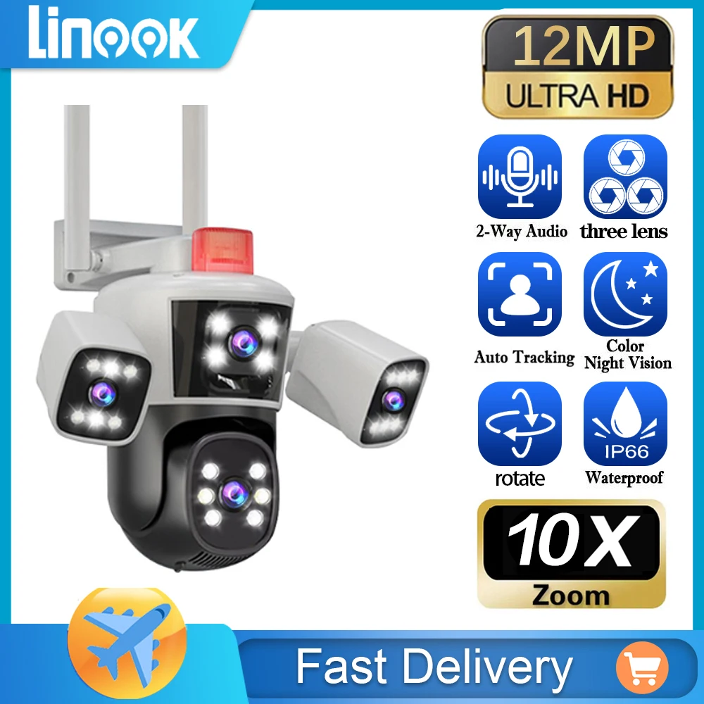 Linook,3 lenses,12MP,6K,WIFI network camera waterproof,CCTV outdoor WIFI phone,IP security camera,PTZ 360 intelligent camera