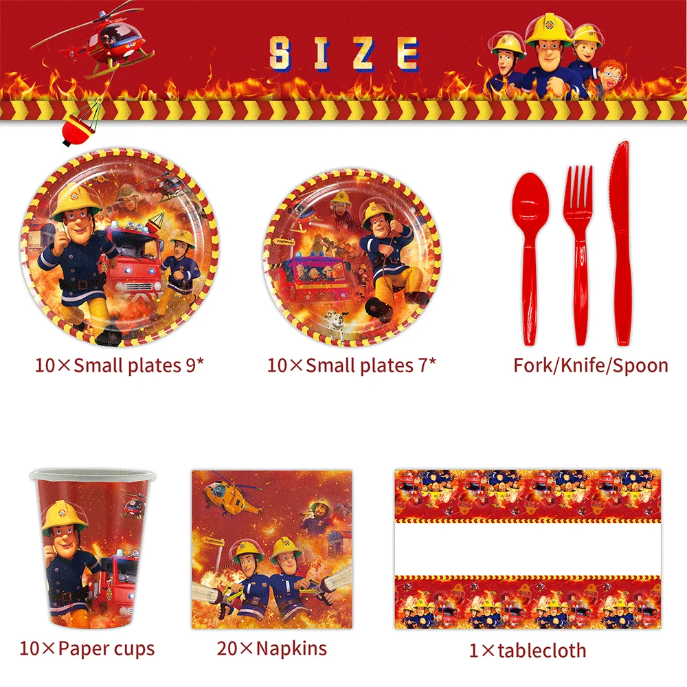 Fireman Sam Birthday Party Decoration Tableware Balloons Banner Fire Hydrant Straw Cups With Lids for Kids Firefighter Gift Boys