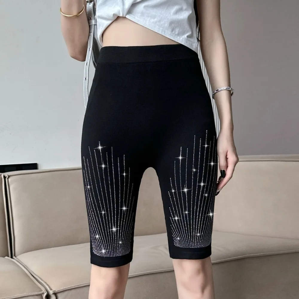 Legging wanita, hitam, Legging berlian imitasi, celana pendek Yoga, pinggang tinggi, ketat, huruf zirkon, panjang selutut, celana pendek bersepeda