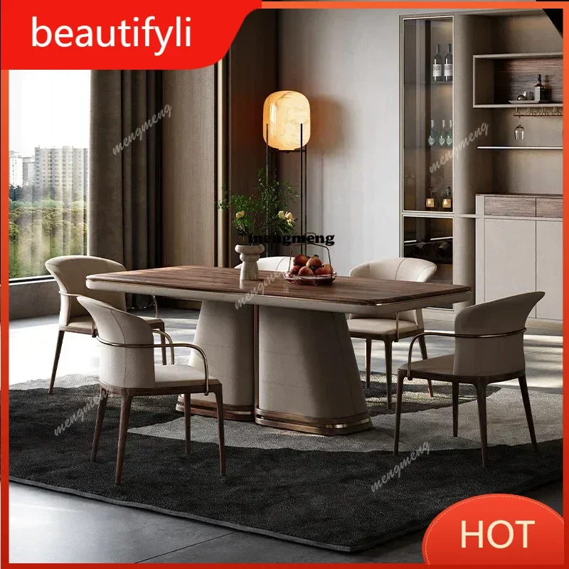 A139 Rock Board Tables Modern Rectangle Dining Table Style North American Black Walnut Restaurant Solid Wood Genuine Leather Cha