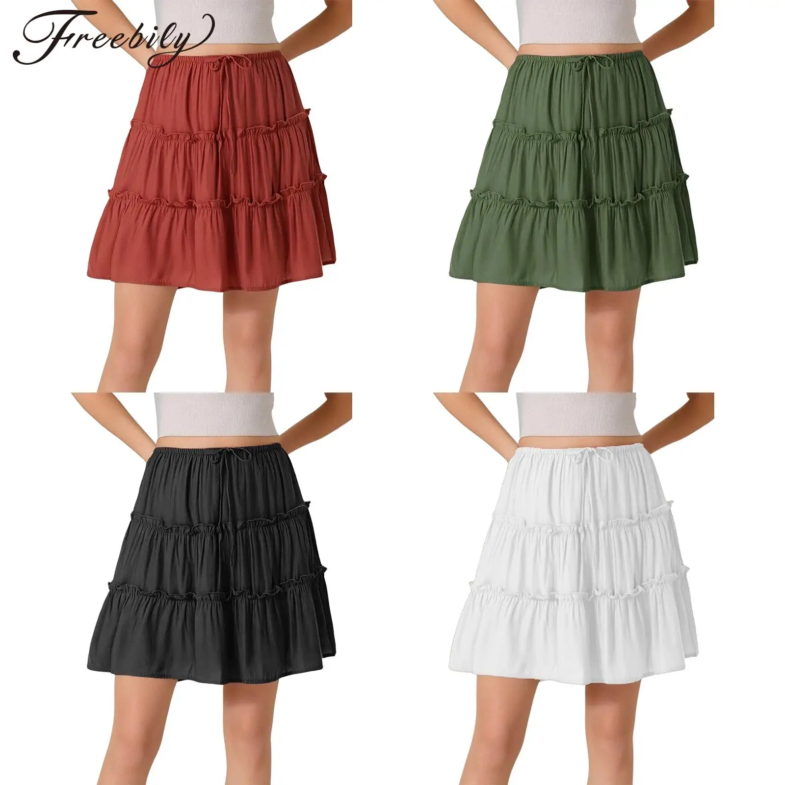 

Women Beach Mini Skirts Girls A-line Ruffled Short Skirt High Waist Drawstring Summer Street Skirts Holiday Casual Clothes