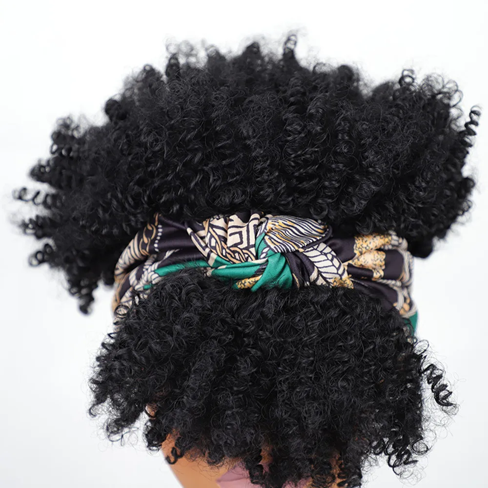 สังเคราะห์สั้น Kinky Curly วิกผม Afro พัฟ Curly สําหรับผู้หญิงธรรมชาติ Turban Wrap วิกผมคอสเพลย์ทุกวันวิกผมทนความร้อน