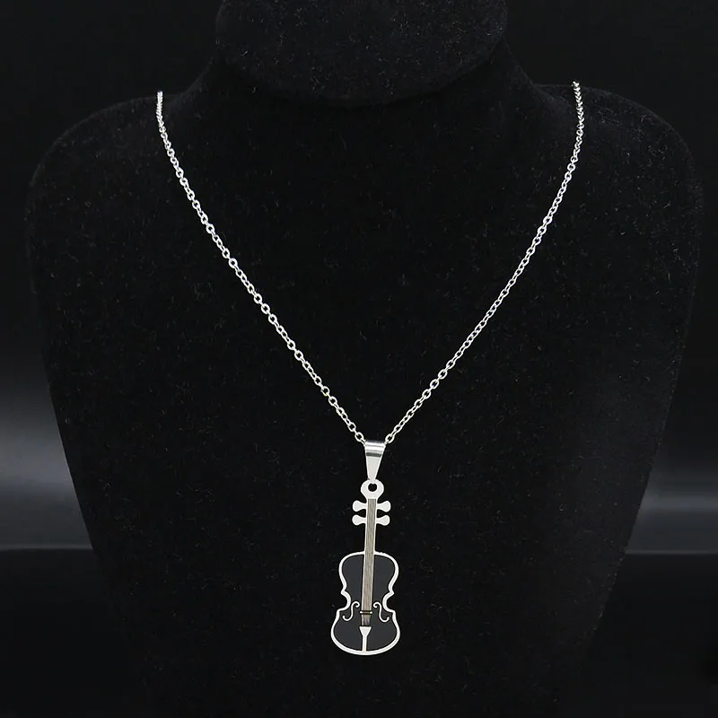 Violin Stainless Steel Necklace Women/Men Small Music Black Enamel Chain Necklace Jewelry moda mujer N1887S01