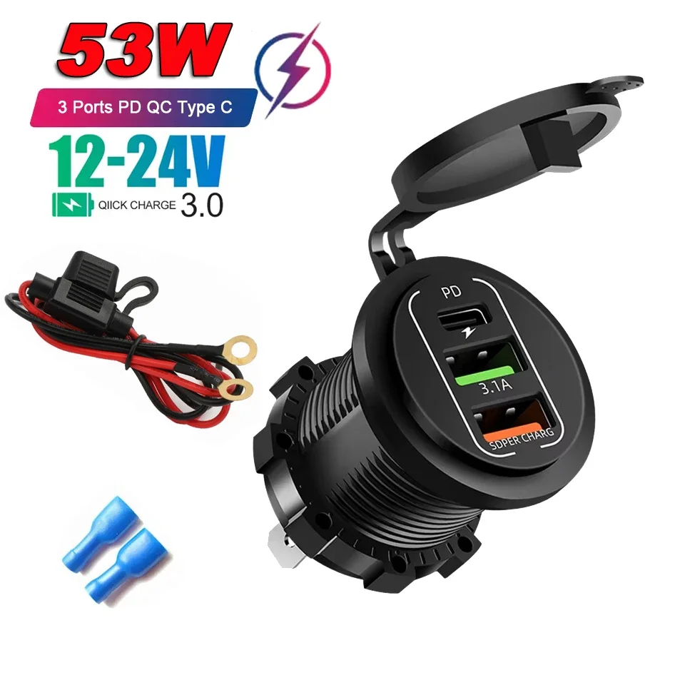 Autoladegerät PD+QC3.0 USB TYPE-C Ladegerät Wasserdichte Steckdose Netzteil Universal 12-24V für Motorrad LKW ATV Boot