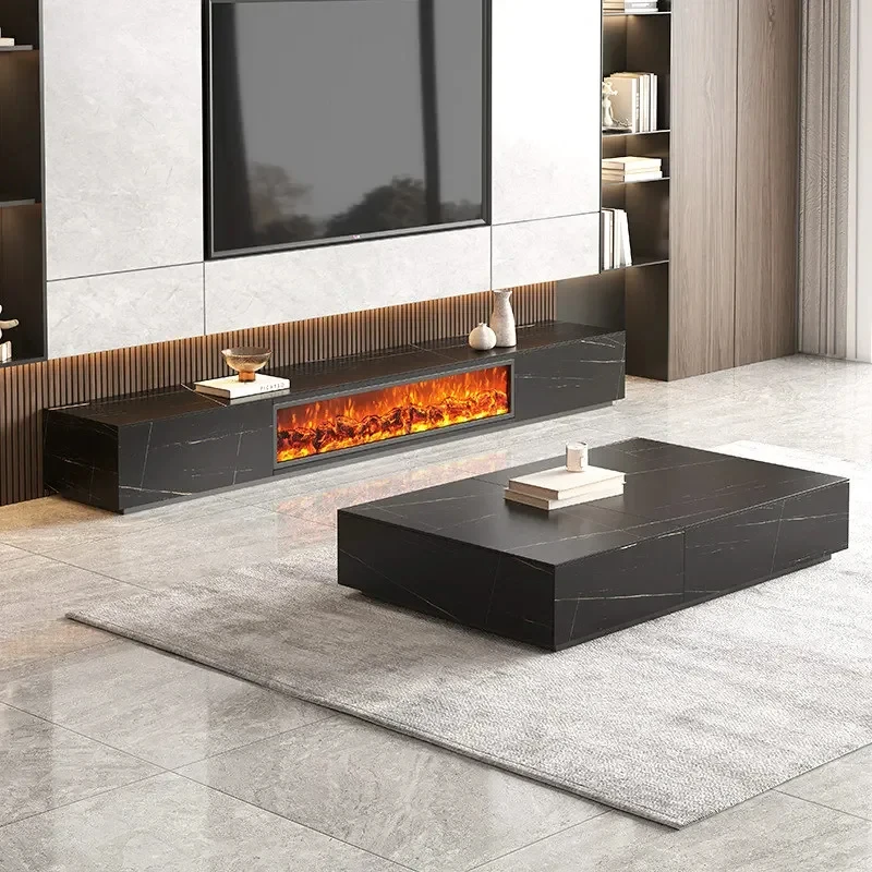 Luxury Sintered Stone TV Cabinet, Electric Fireplace, Simulated Flame TV Table, Living Room Storage Cabinet, Coffee Table