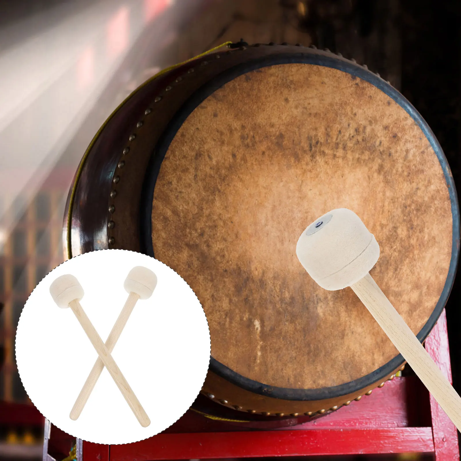 

2pcs Wooden Core Wool Felt Big Drum Hammer Wood Color Durable Smooth Handle Percussion Instrument Accessory Bass Drum Stick