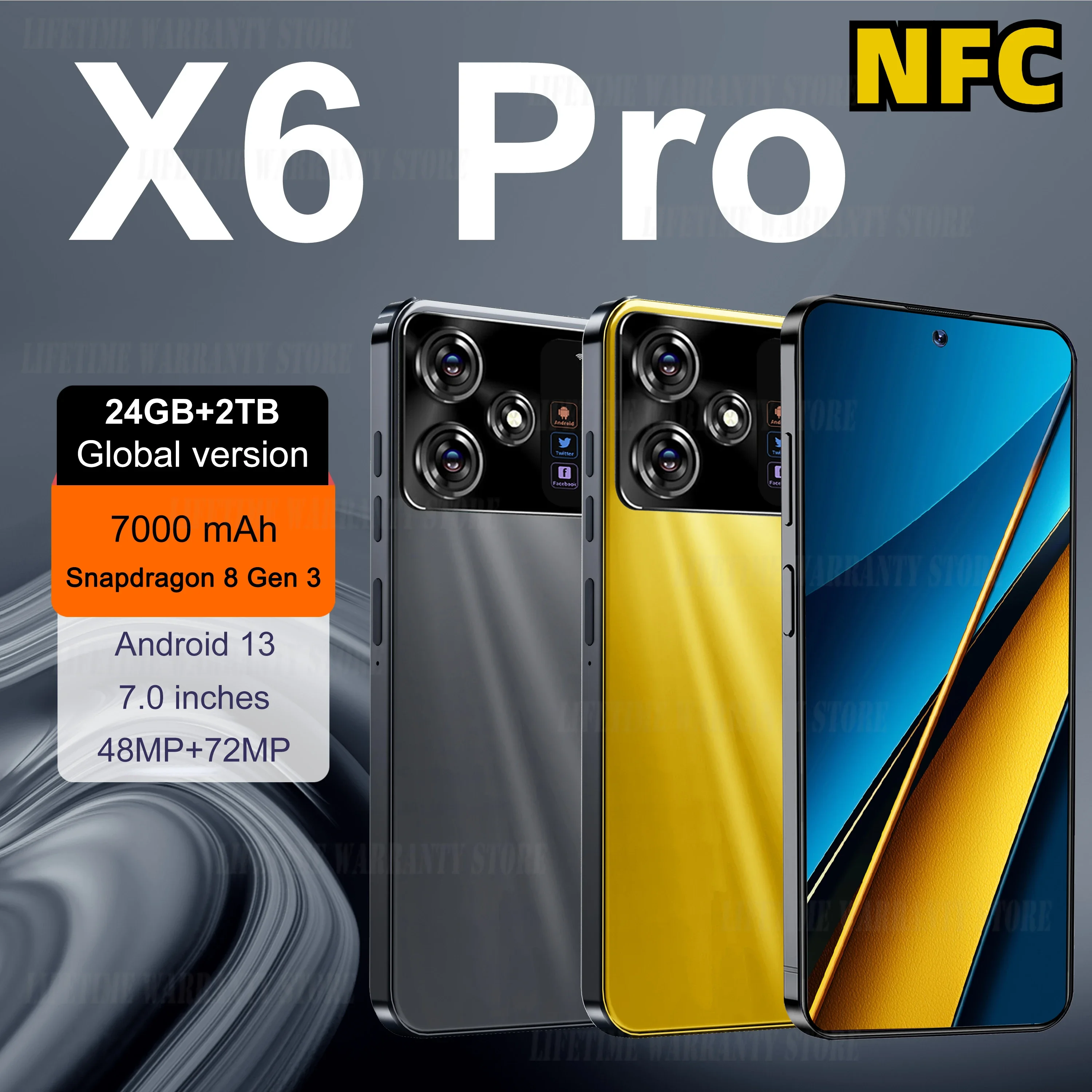 

NEW Global version X6 Pro Smartphone NFC 24GB+2TB 7.3''inches Android 14 7000mAh 4G/5G Networks Snapdragon 8 Gen 3 50MP+108MP