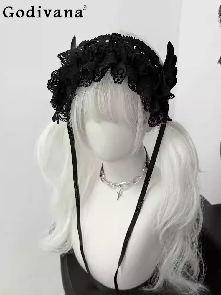 

Personalized Gothic Fashion Versatile Wing Rivet Headband Elegant Black Lace Subculture Lolita Headdress