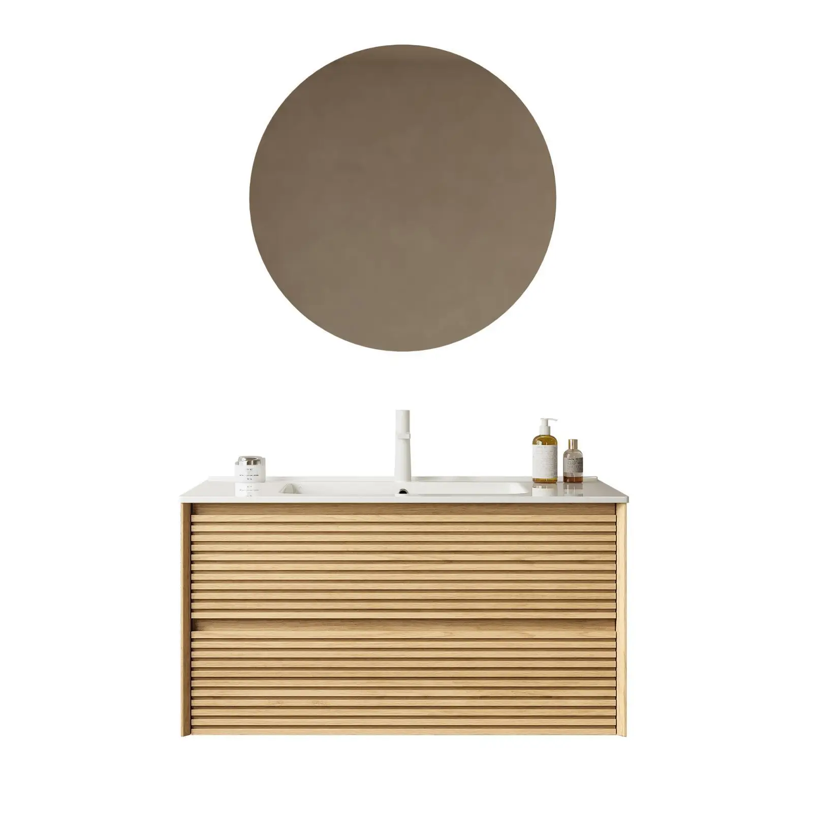 

Bathroom Vanities with Glossy White Ceramic Basin Sink and Floating Oak Woodgrain Drawers for Modern Bathroom Design