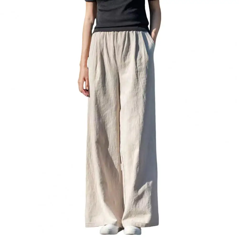 Long Trousers Stylish Women's High Waist Wide Leg Pants with Pockets Solid Color Straight Slacks for Spring Autumn Retro Casual