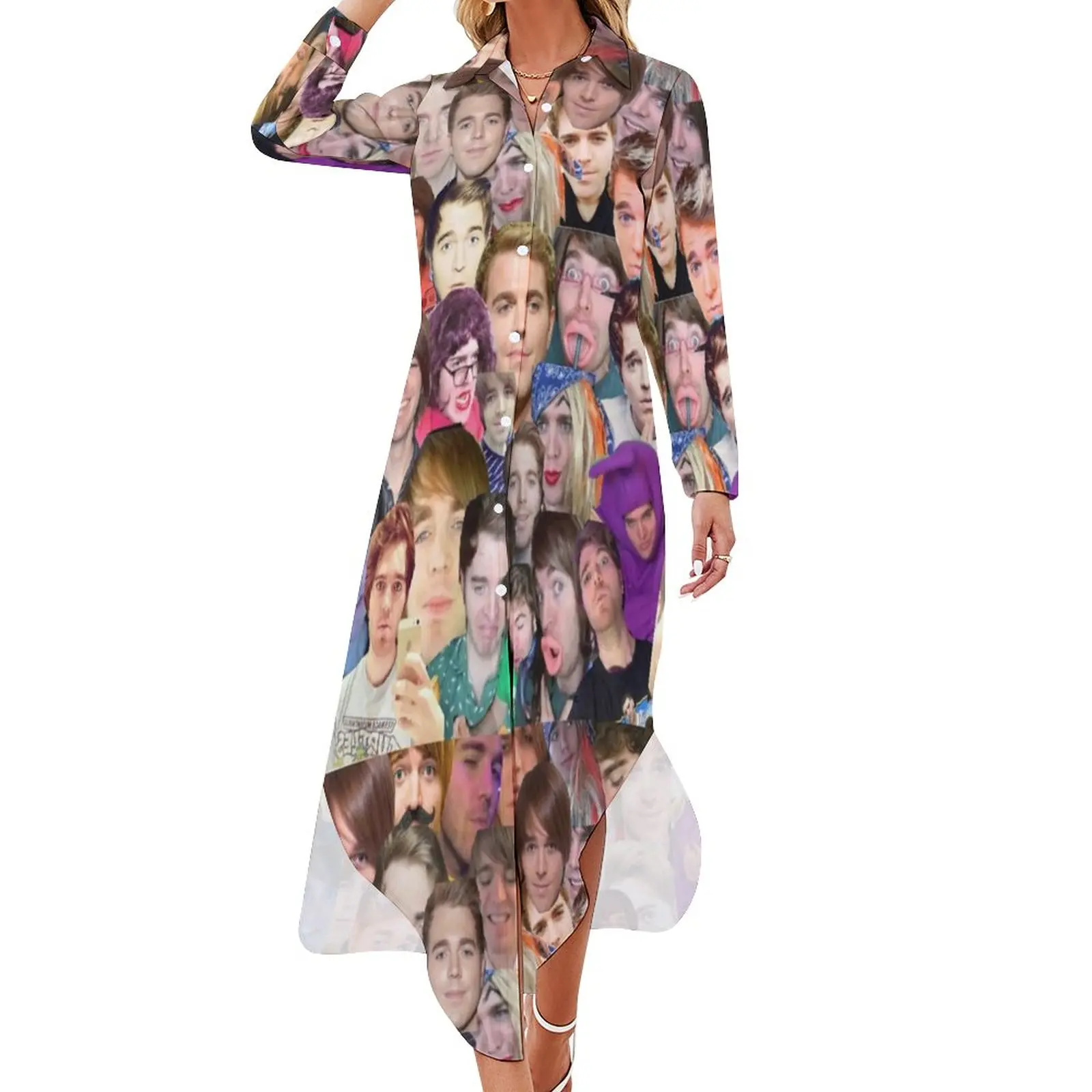 Meme Print Chiffon Dress Shane Dawson Collage Beach Dresses Aesthetic Casual Dress Women Sexy Printed Vestido Large Size