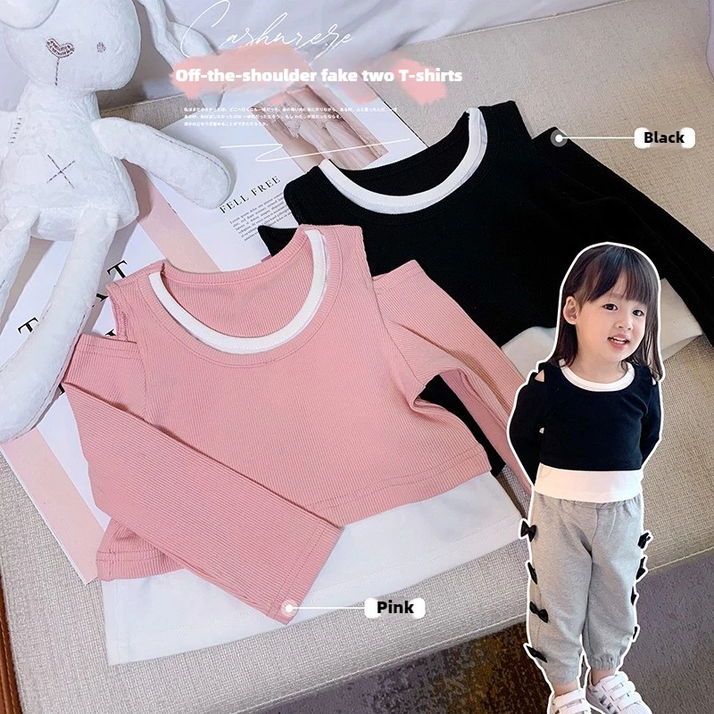 

Autumn Girls Long Sleeved T-shirt Fashionable Fake Two-piece Color Blocked Pullover Girls Aged 3-10 Wearing Off Shoulder Tops