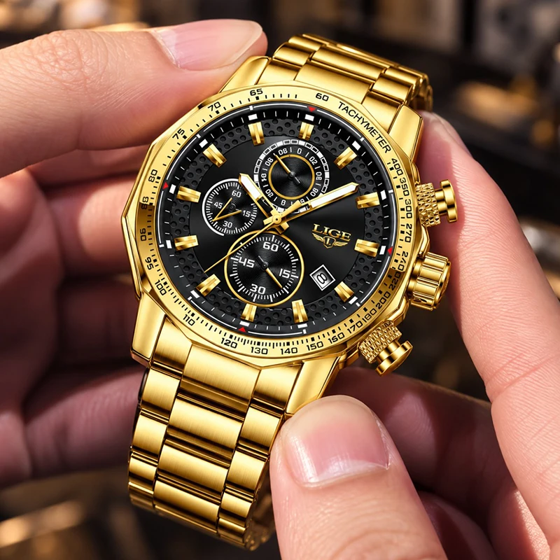 LIGE Sport Watch Men Top Brand Luxury Gold Chronograph Watches for Men Waterproof Business Date Quartz Wristwatch Montre Homme